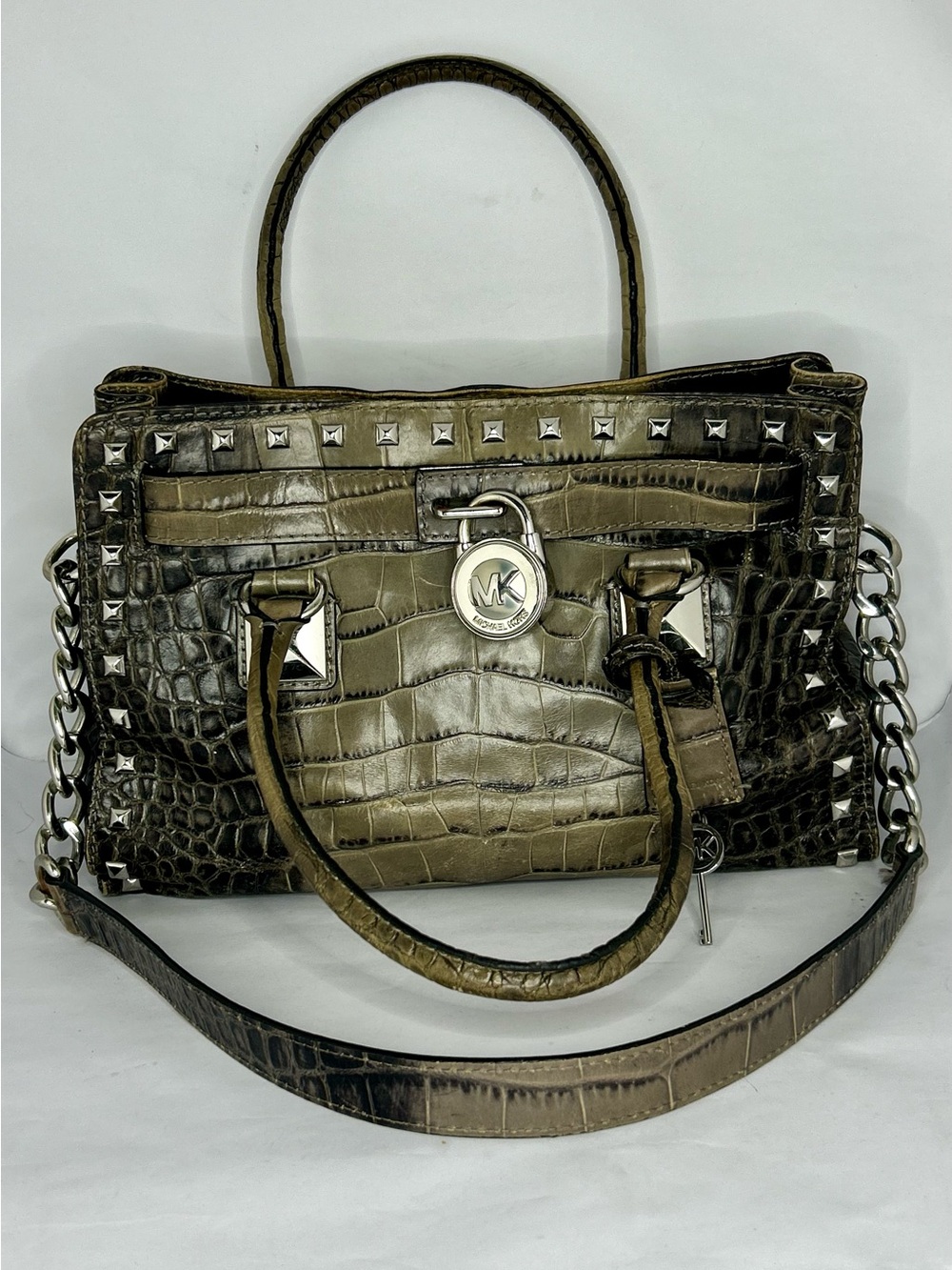 Michael Kors Hamilton Studded Ombre Gray Crocodile Croc Leather Purse Satchel